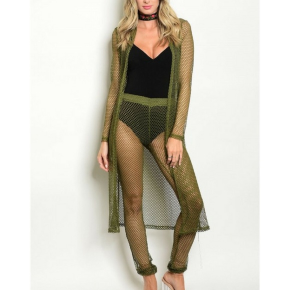 SALE Olive Green Lingerie fishnet kimono 2pc set - Picture 2 of 2